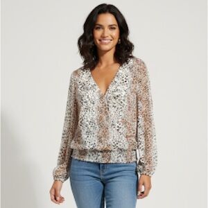 Women's Printed V-Neck Blouse - Brown and White